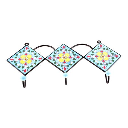 Turquoise And Yellow Ceramic Floral Tiles Hooks